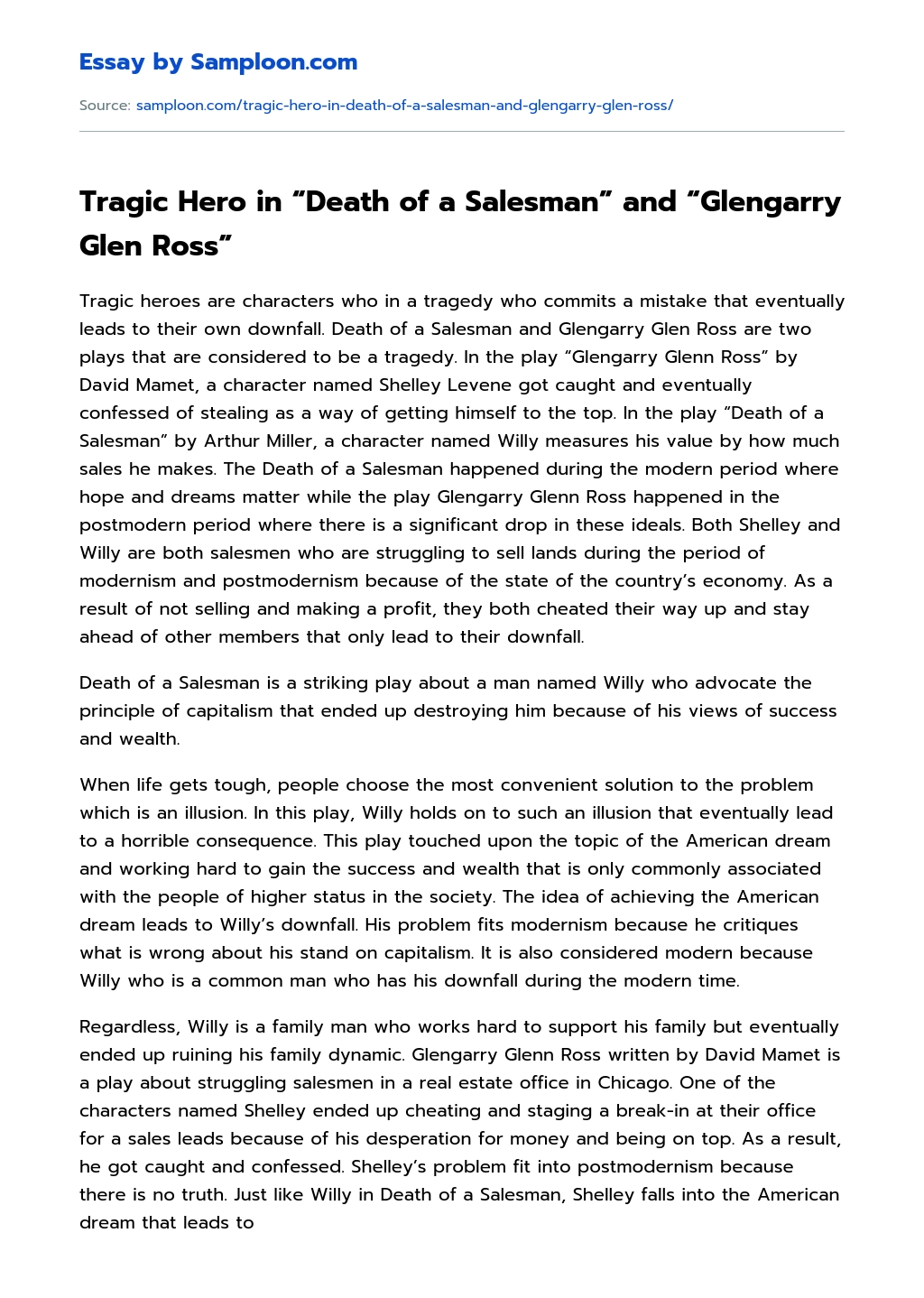 Tragic Hero in “Death of a Salesman” and “Glengarry Glen Ross” essay