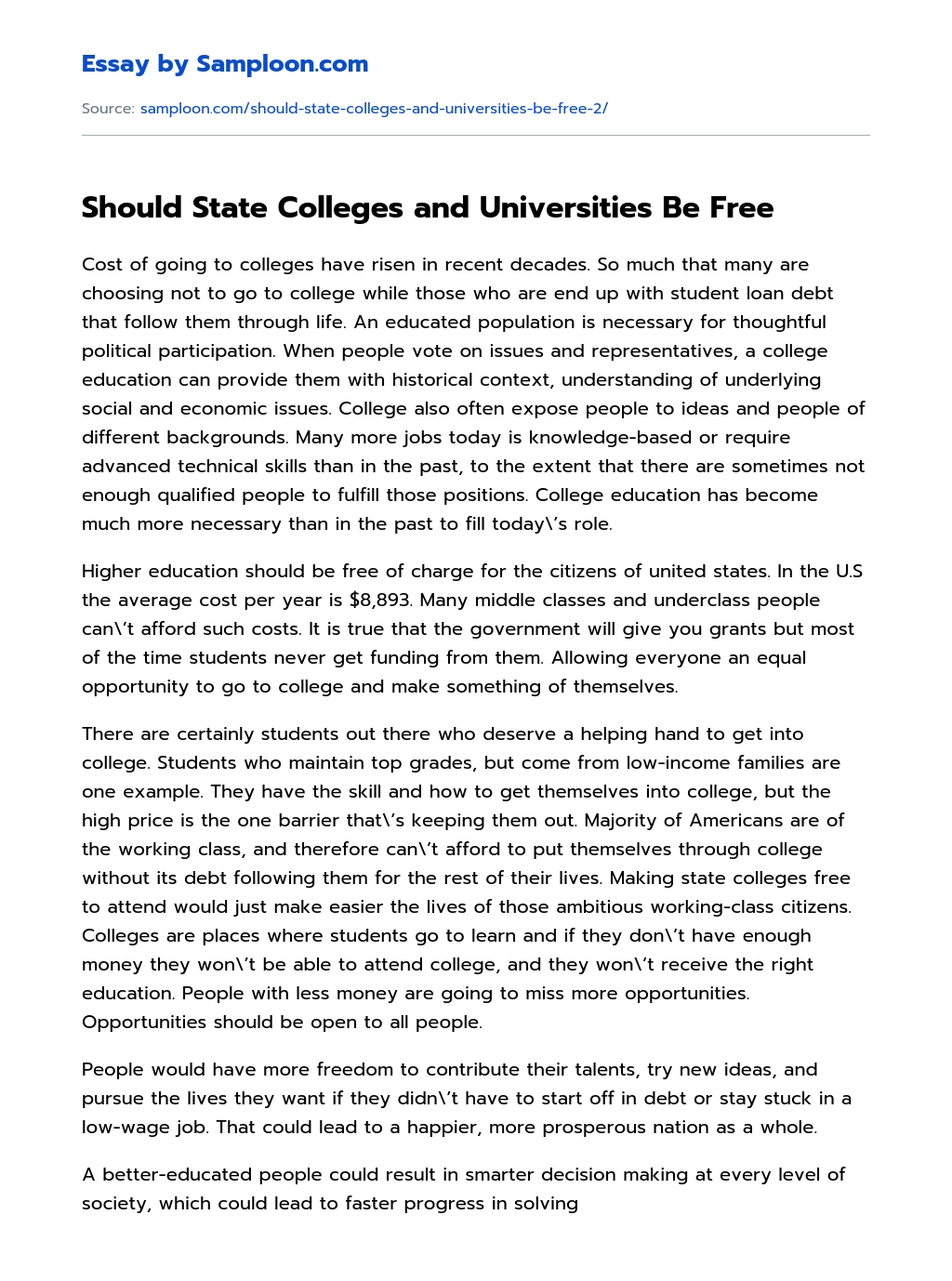 Should State Colleges and Universities Be Free essay