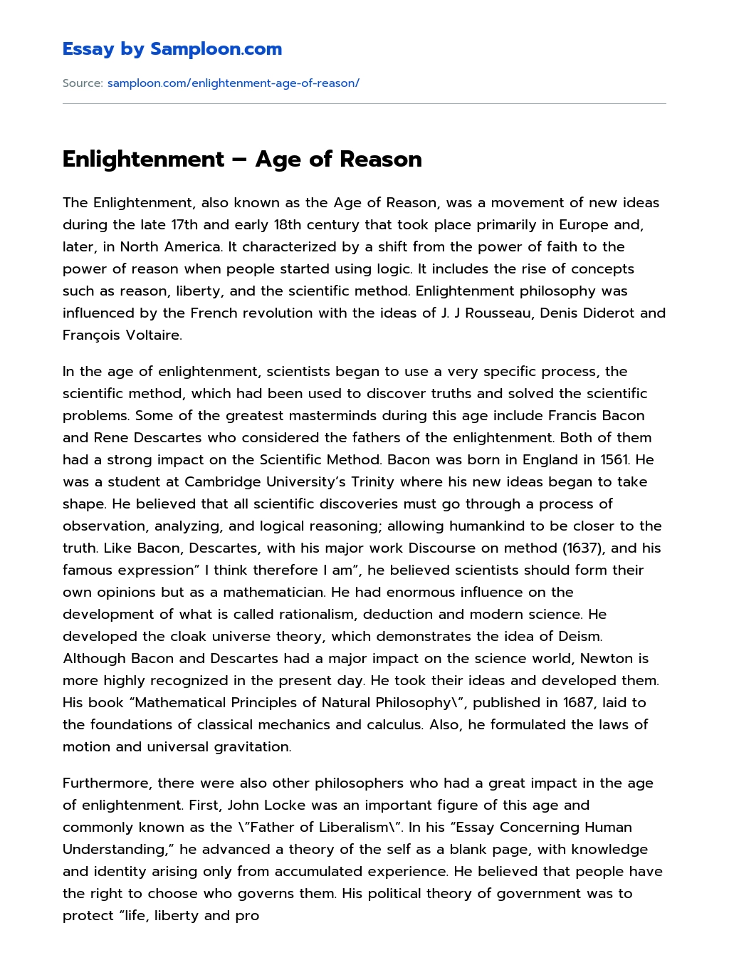 Enlightenment – Age of Reason essay