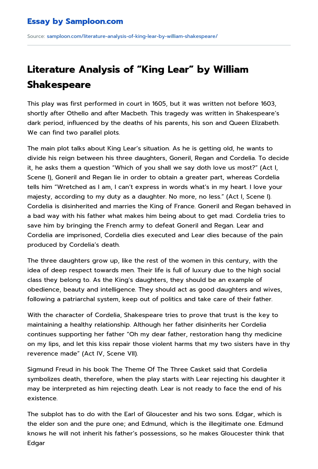 Literature Analysis of “King Lear” by William Shakespeare essay