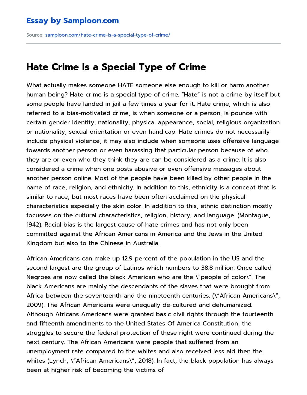Hate Crime Is a Special Type of Crime essay
