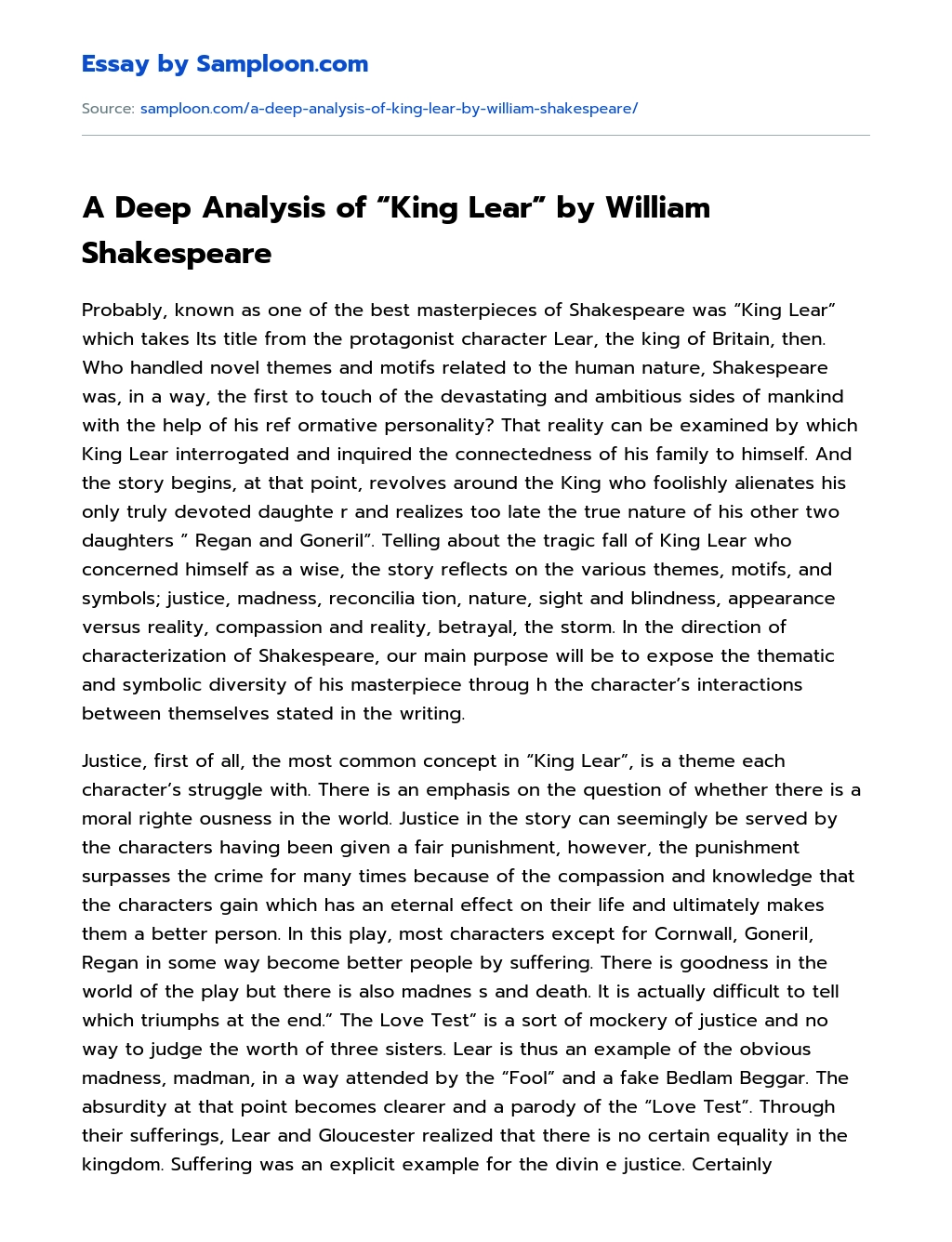 A Deep Analysis of “King Lear” by William Shakespeare Analytical Essay essay
