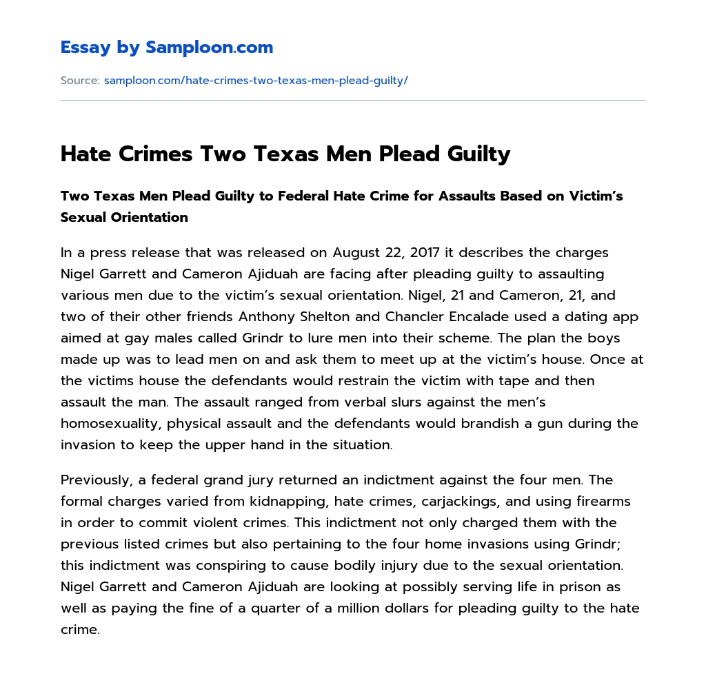 Hate Crimes Two Texas Men Plead Guilty essay