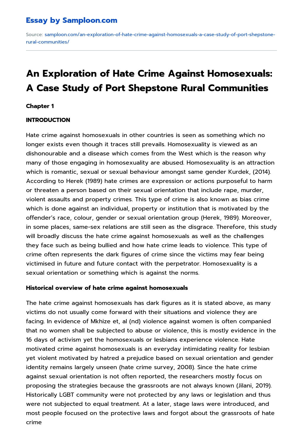 An Exploration of Hate Crime Against Homosexuals: A Case Study of Port Shepstone Rural Communities essay
