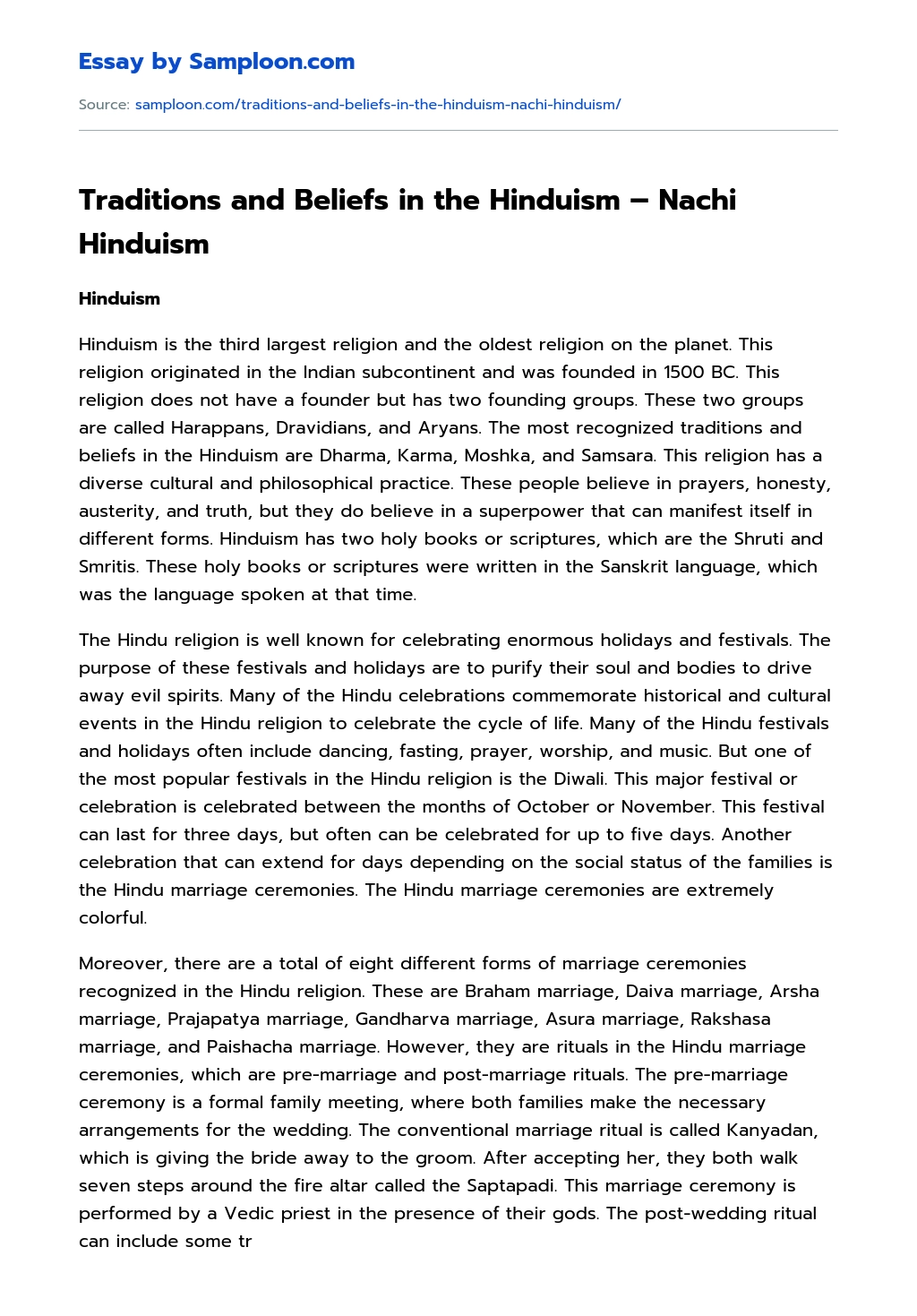 Traditions and Beliefs in the Hinduism – Nachi Hinduism essay
