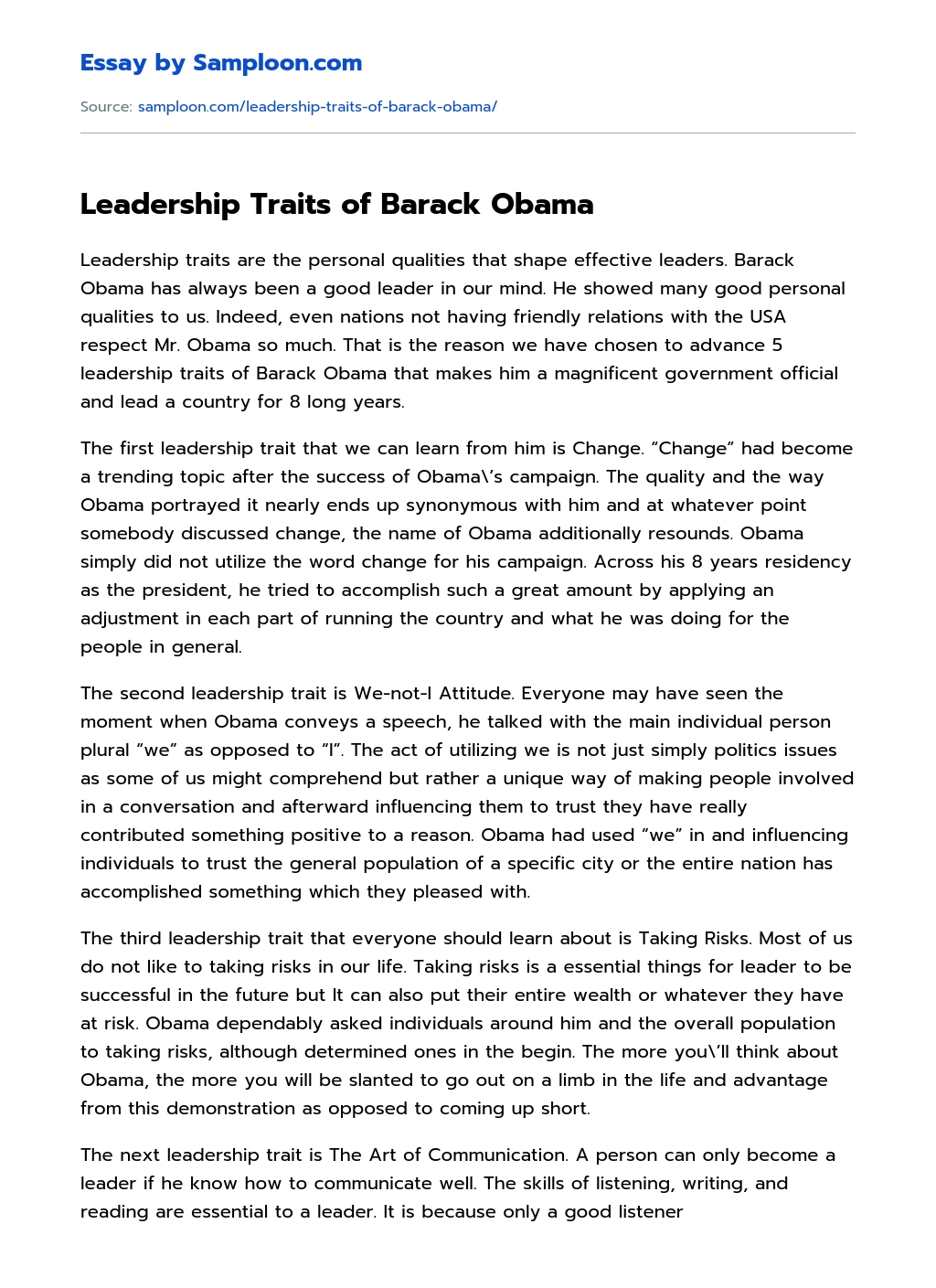 Leadership Traits of Barack Obama Analytical Essay essay