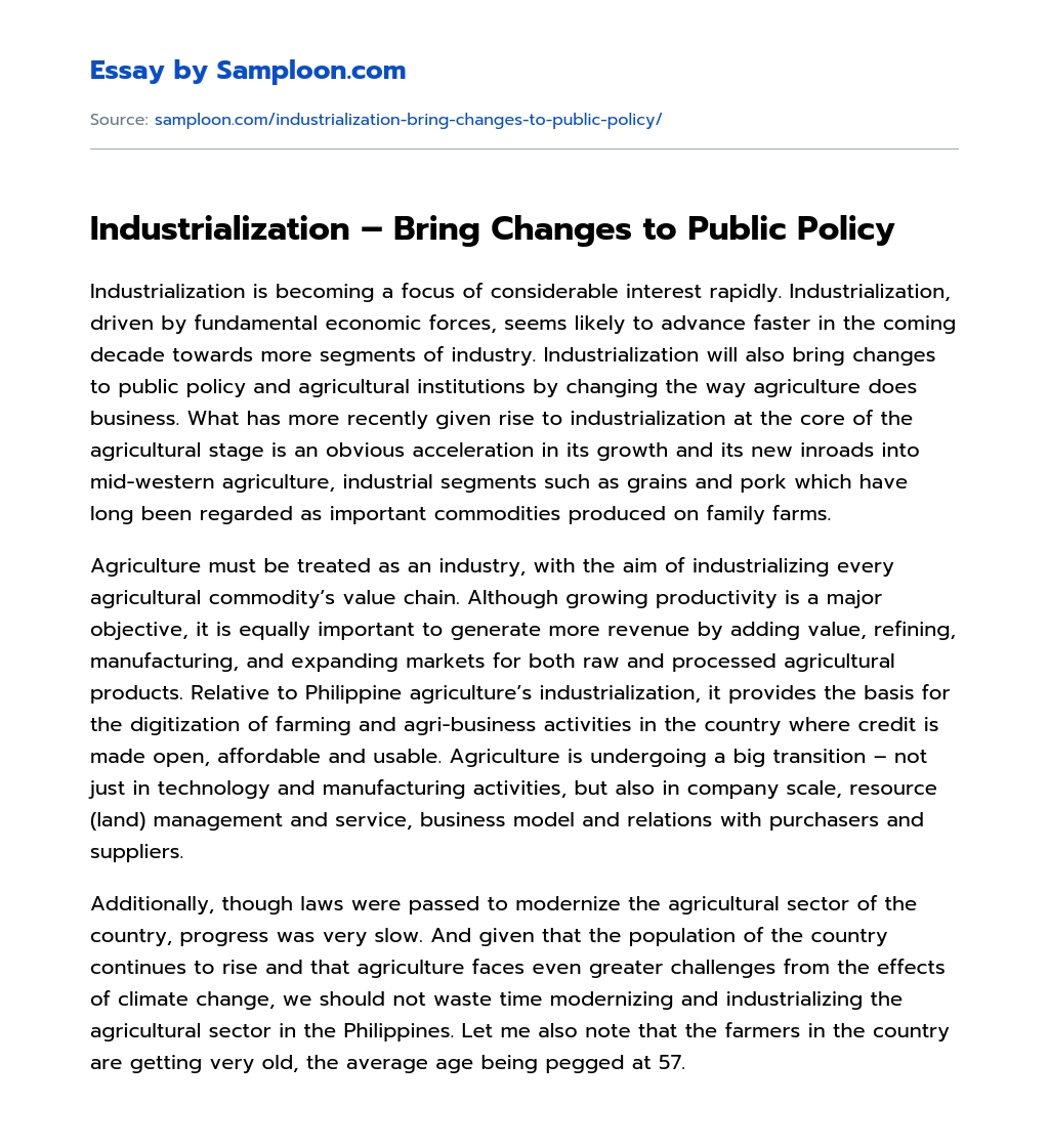 Industrialization – Bring Changes to Public Policy essay
