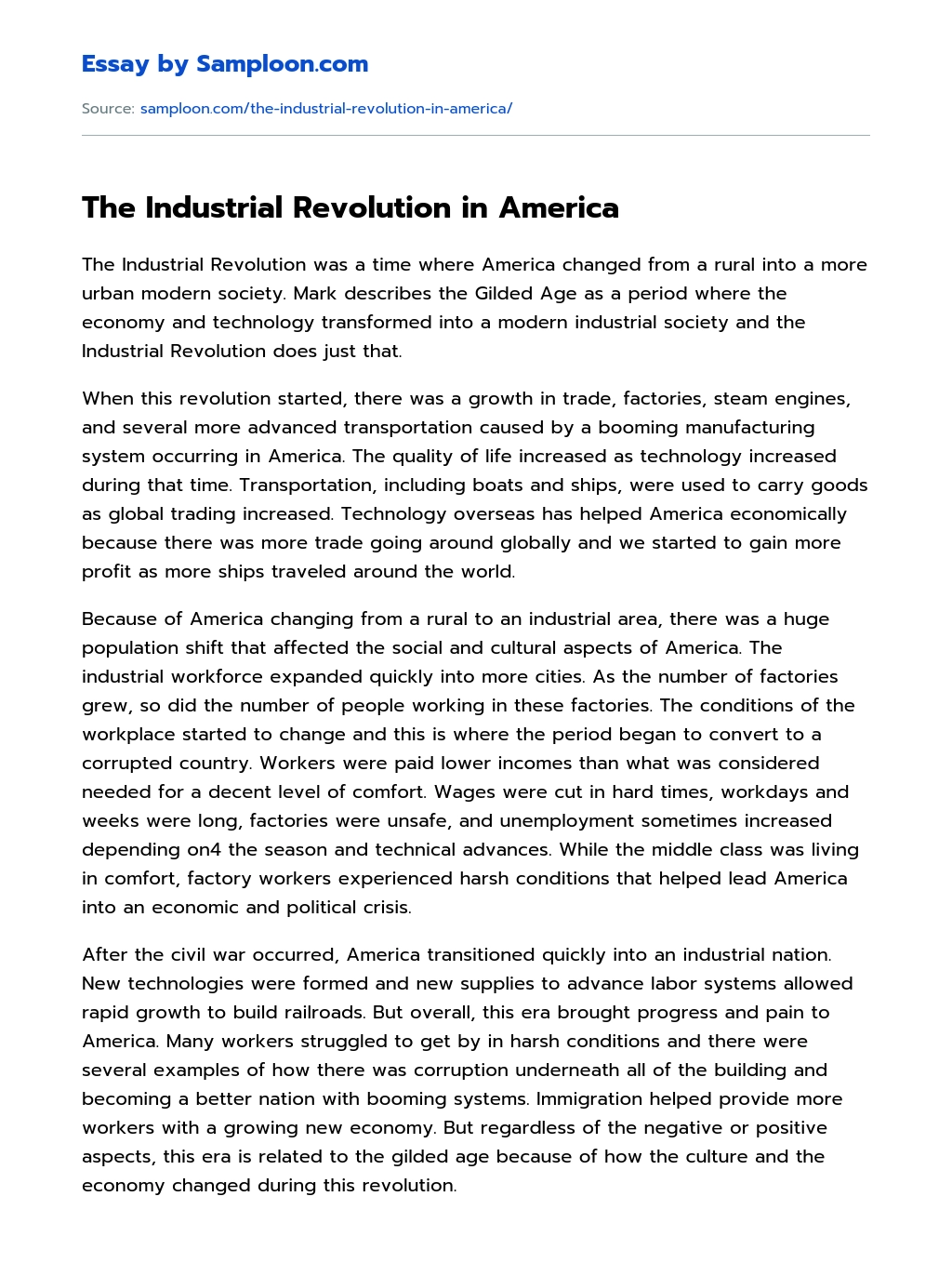 The Industrial Revolution in America essay