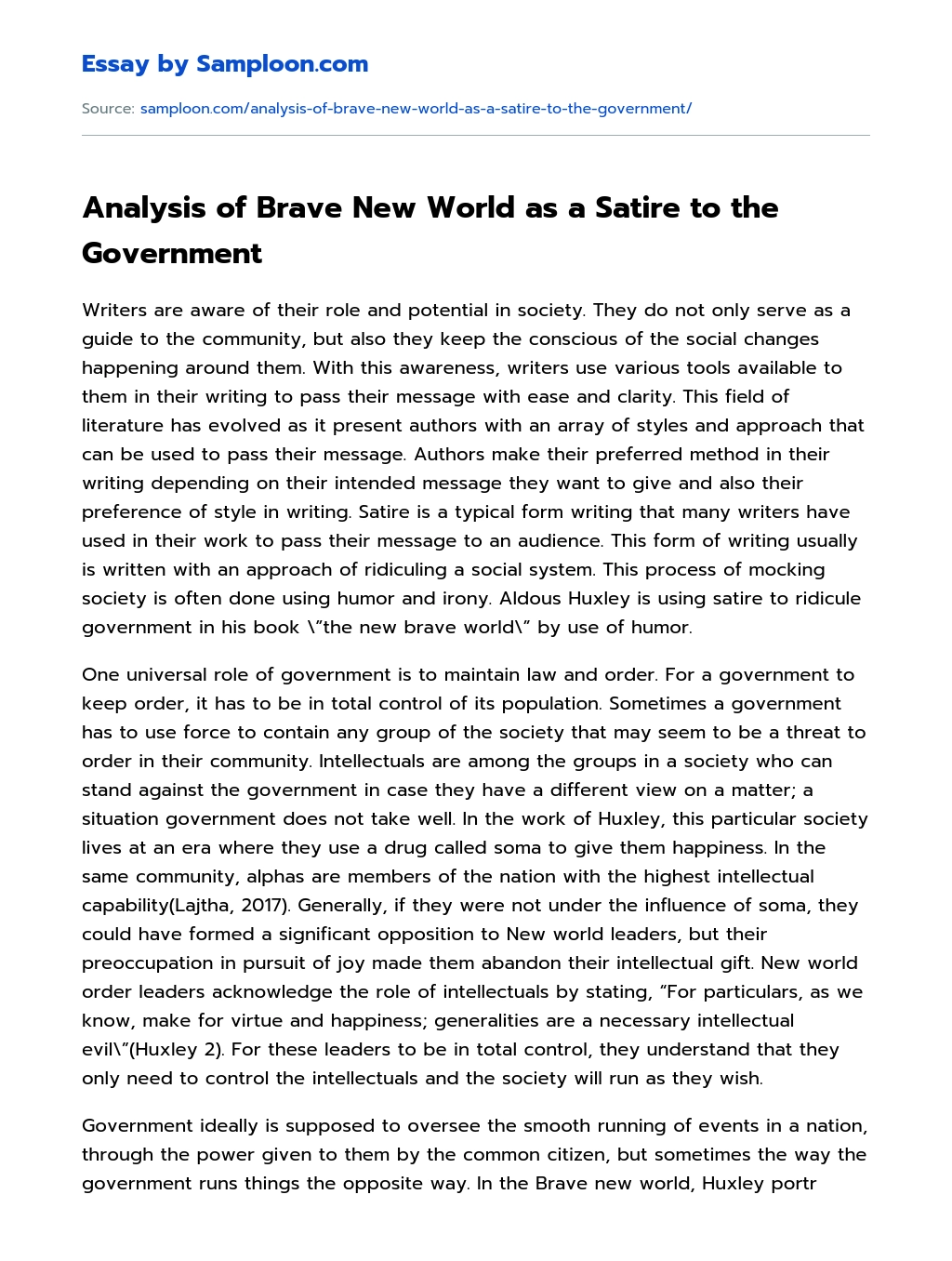 Analysis of Brave New World as a Satire to the Government essay