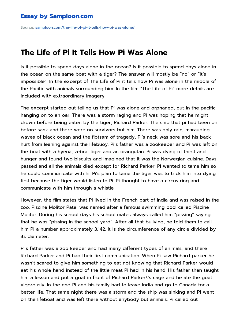 The Life of Pi It Tells How Pi Was Alone Analytical Essay essay