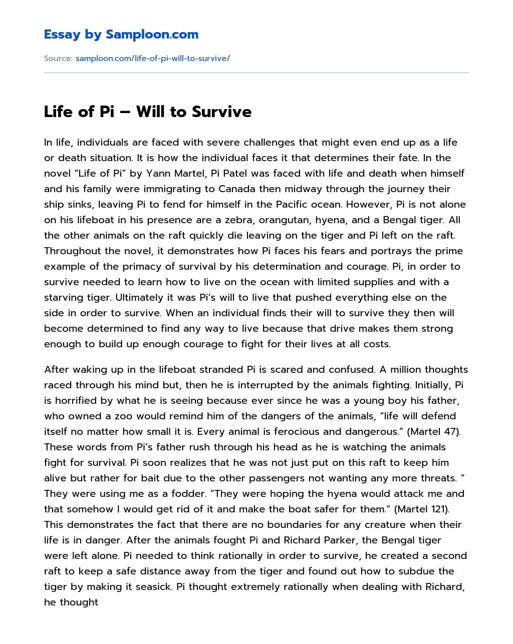 Life of Pi – Will to Survive Literary Analysis essay