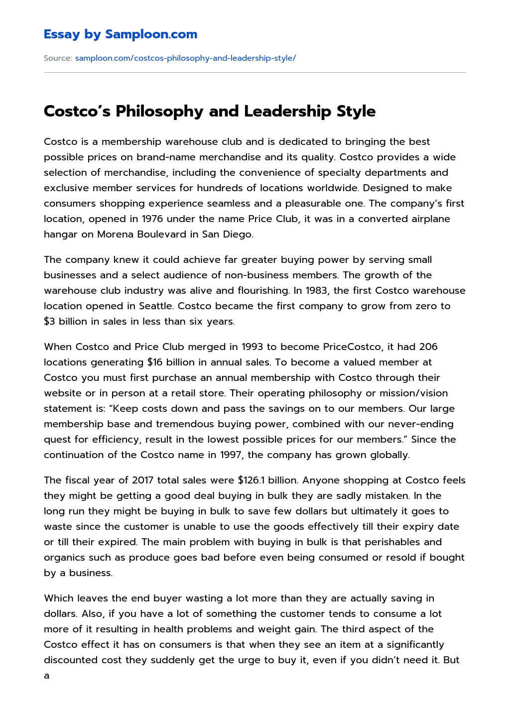 Costco’s Philosophy and Leadership Style essay