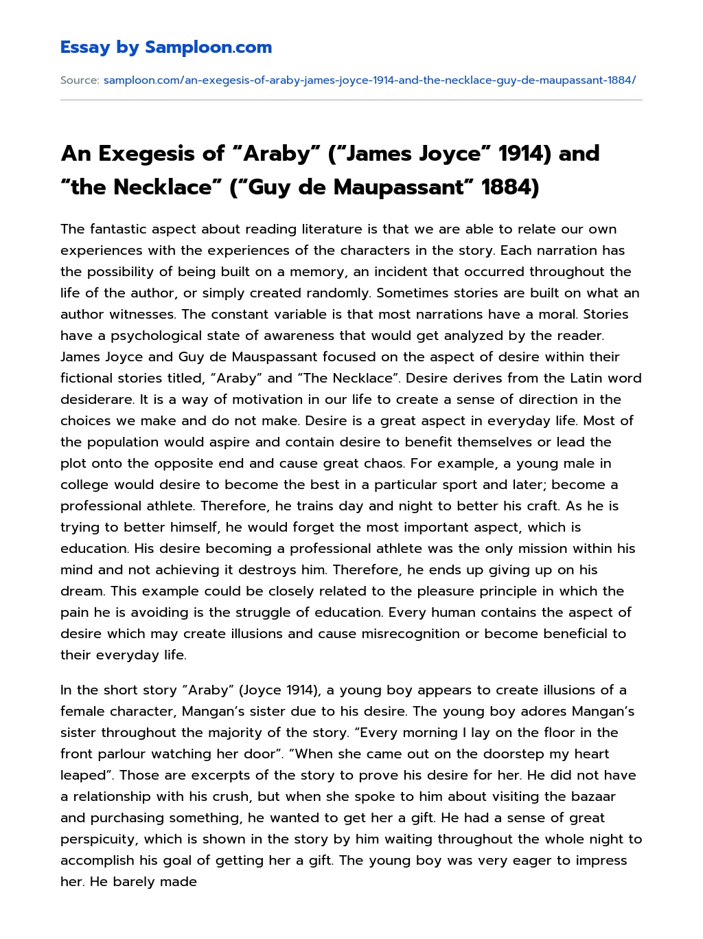 An Exegesis of “Araby” (“James Joyce” 1914) and “the Necklace” (“Guy de Maupassant” 1884) essay