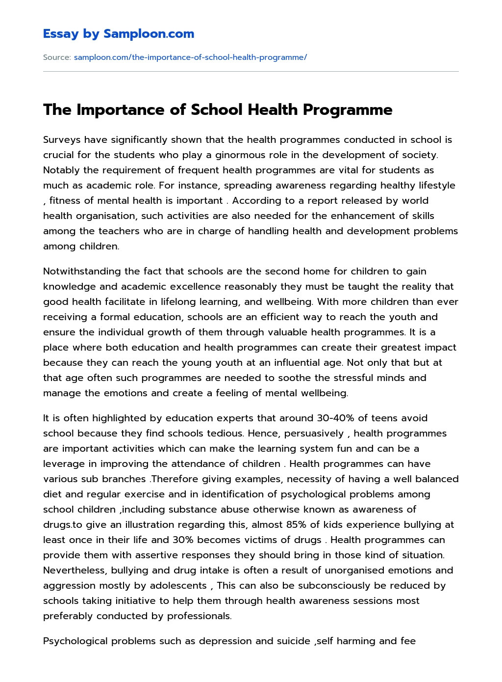 The Importance of School Health Programme essay