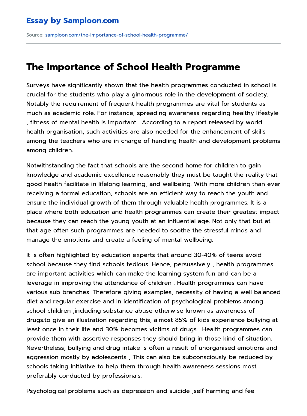  The Importance Of School Health Programme Free Essay Sample On 