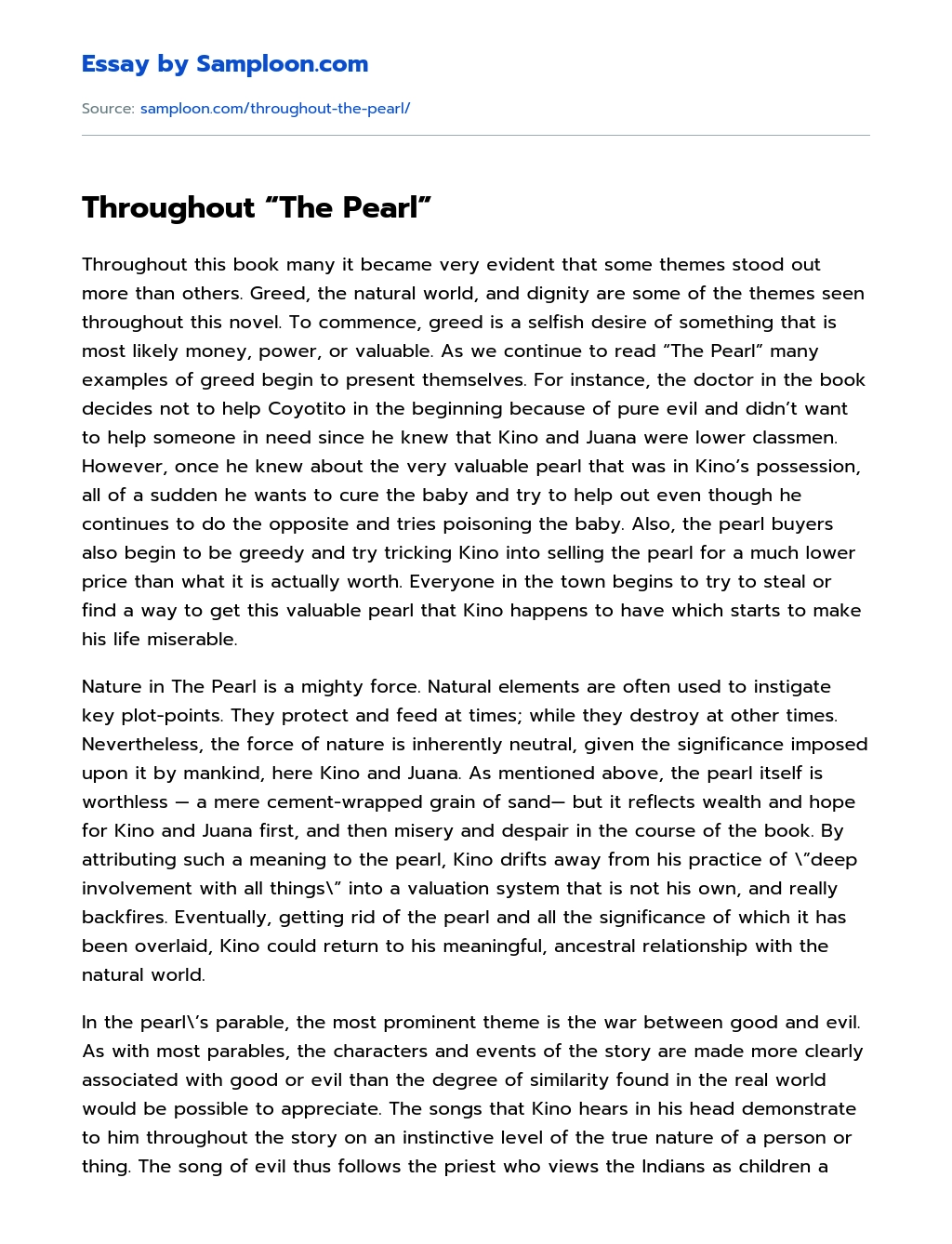 Throughout “The Pearl” Character Analysis essay
