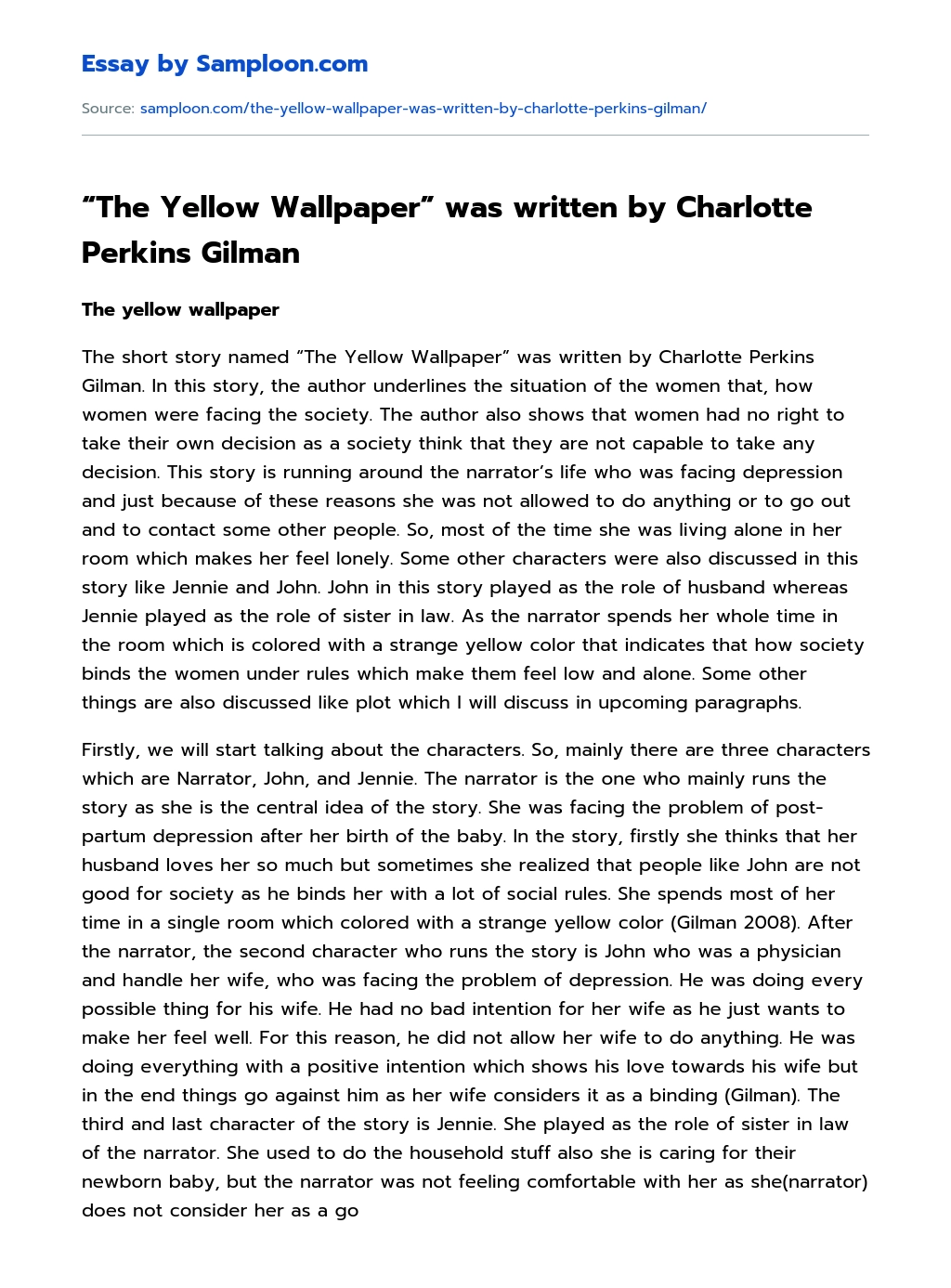 “The Yellow Wallpaper” by Charlotte Perkins Gilman Summary essay