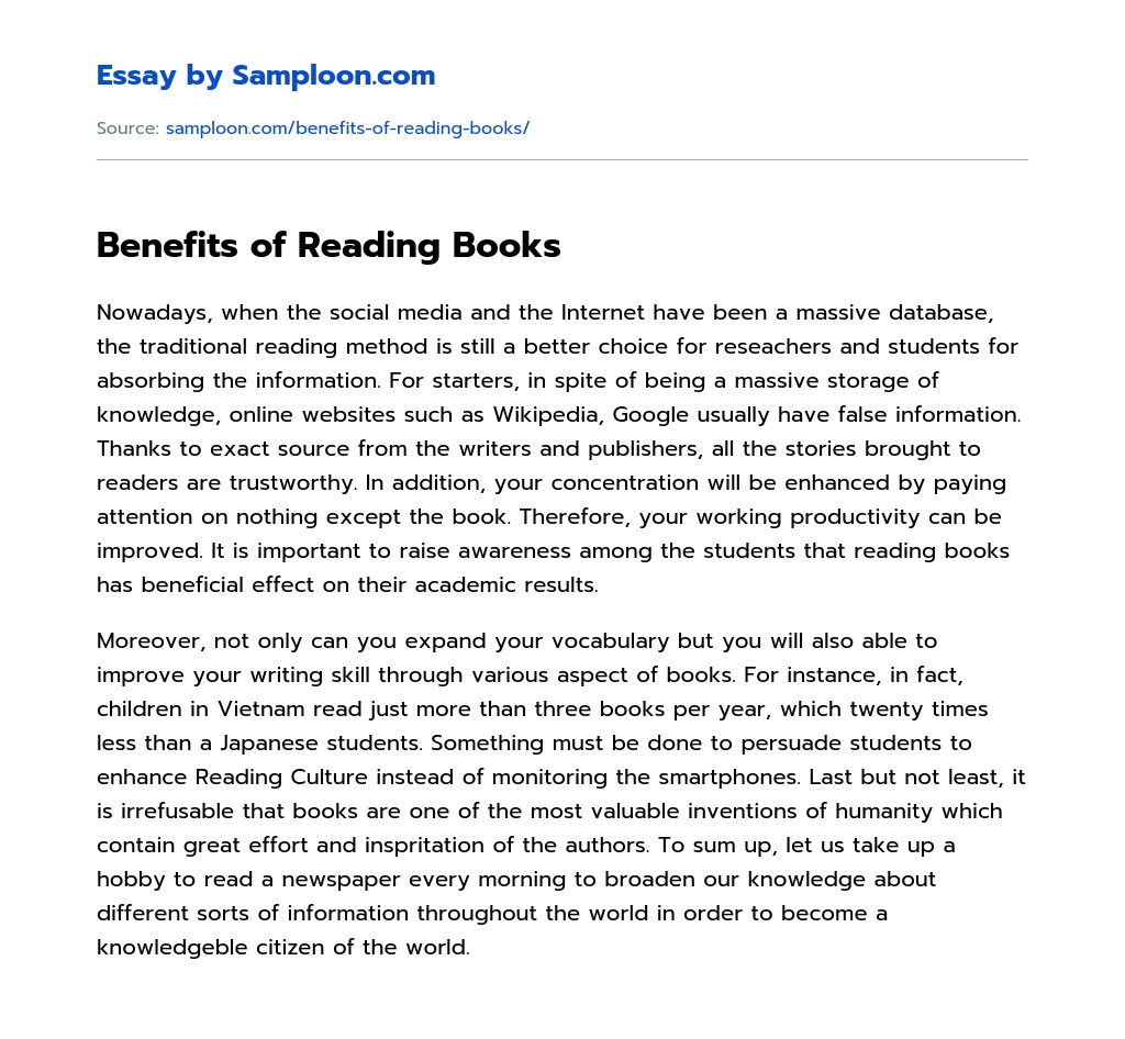 Benefits Of Reading Books Essay In English