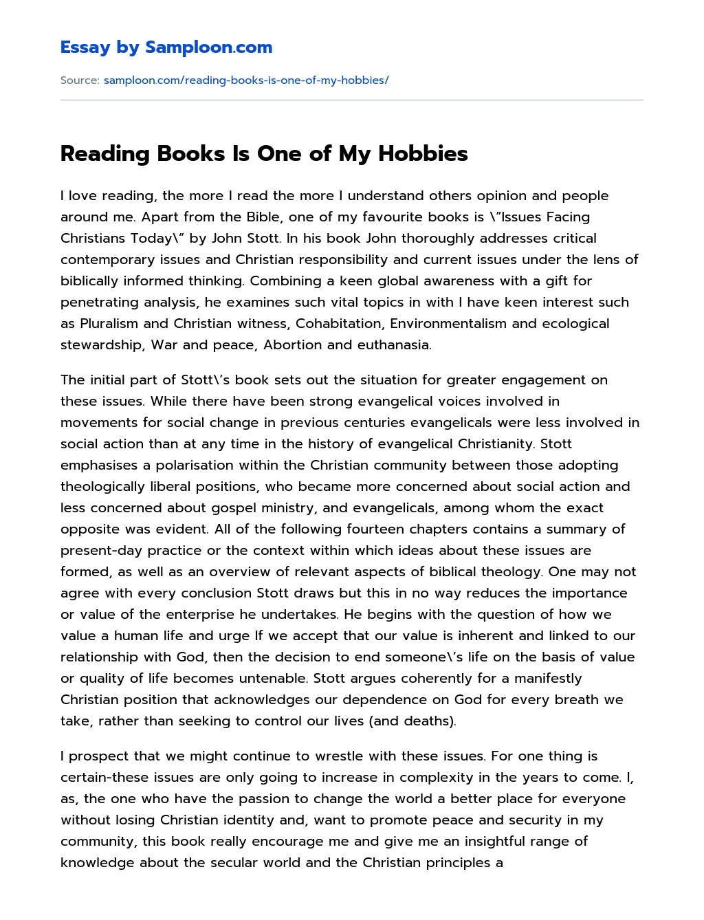 Reading Books Is One of My Hobbies essay