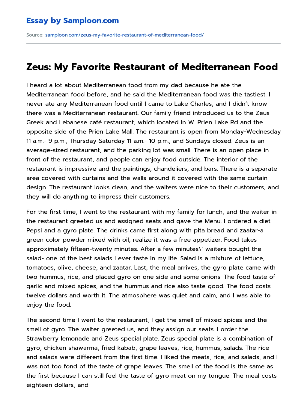 Zeus: My Favorite Restaurant of Mediterranean Food essay