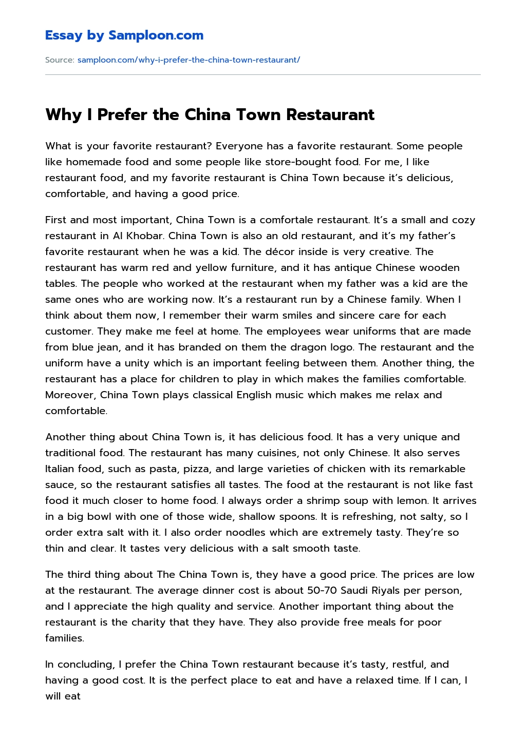 Why I Prefer the China Town Restaurant essay