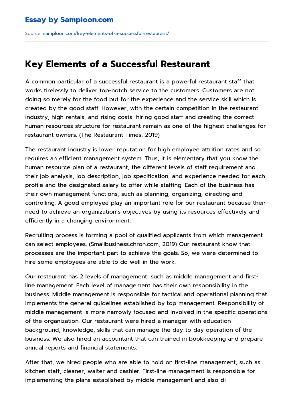 Key Elements of a Successful Restaurant essay