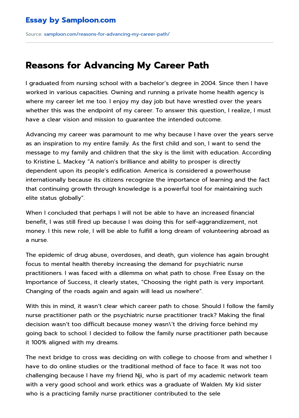 Reasons for Advancing My Career Path essay