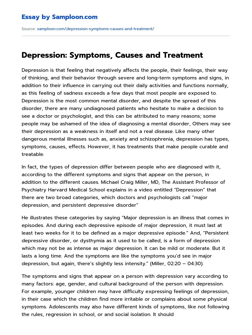 Depression: Symptoms, Causes and Treatment essay