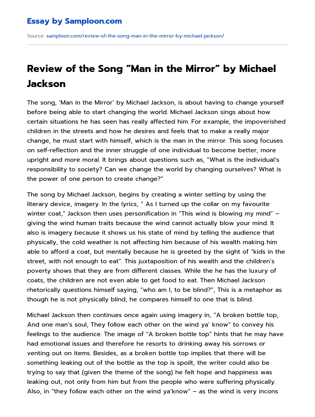 Review of the Song “Man in the Mirror” by Michael Jackson essay