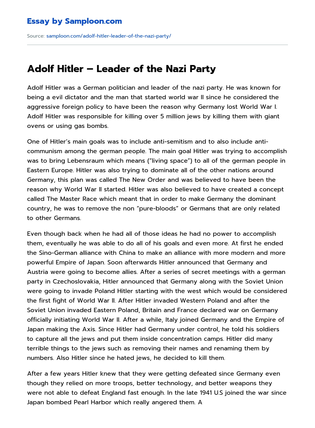 Adolf Hitler – Leader of the Nazi Party essay
