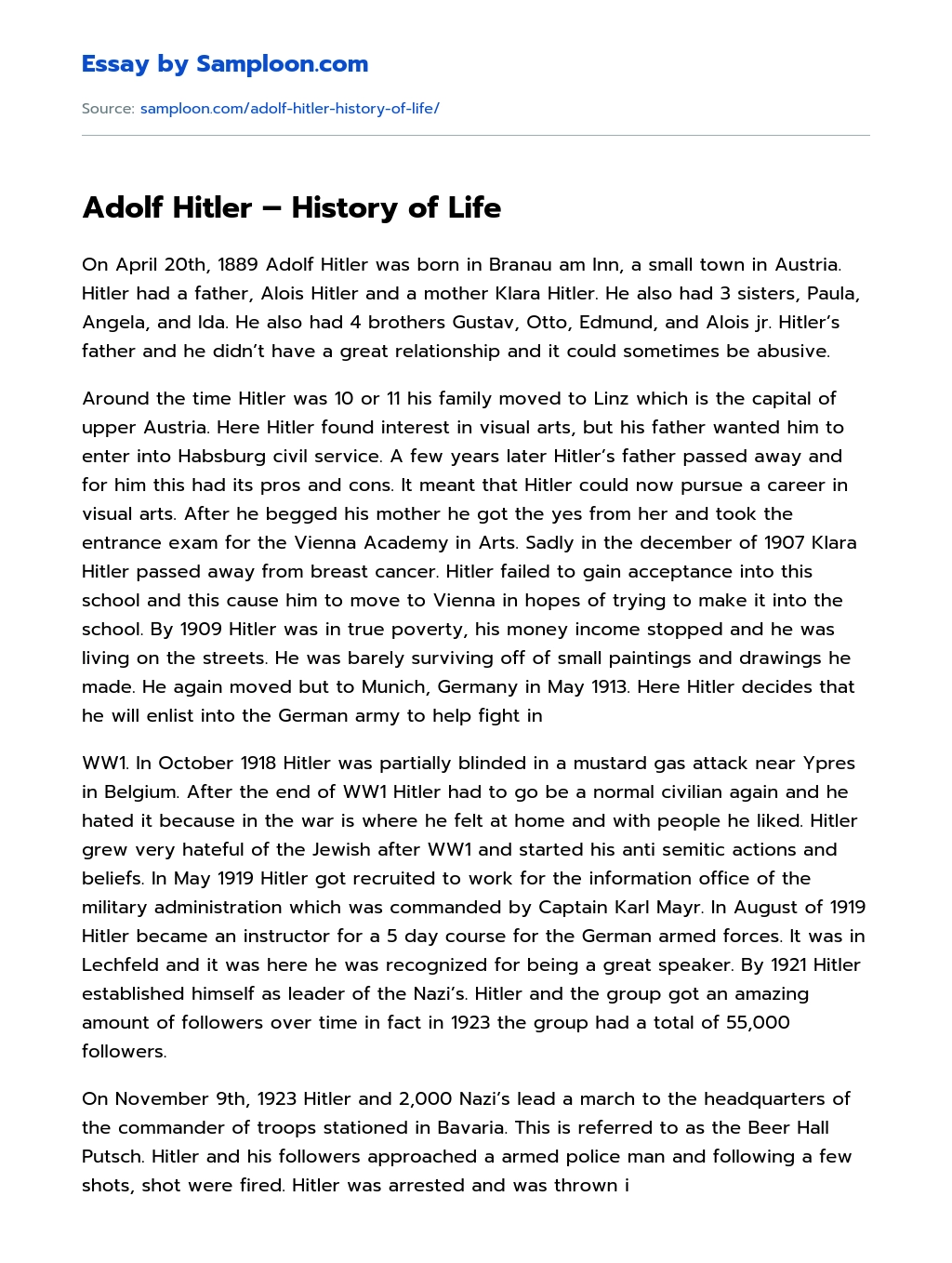 Adolf Hitler – History of Life essay