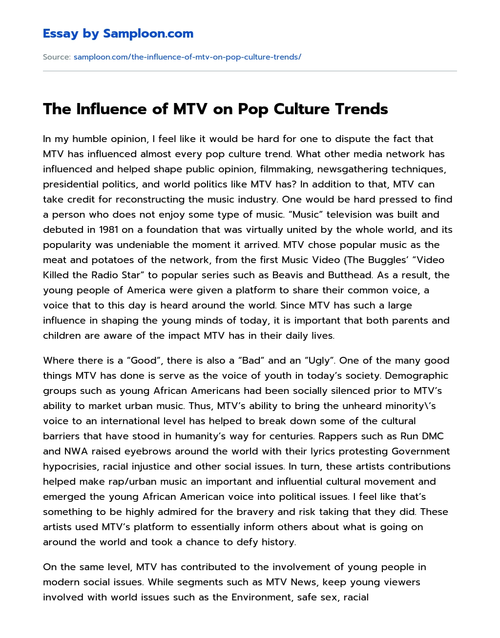 The Influence of MTV on Pop Culture Trends Analytical Essay essay