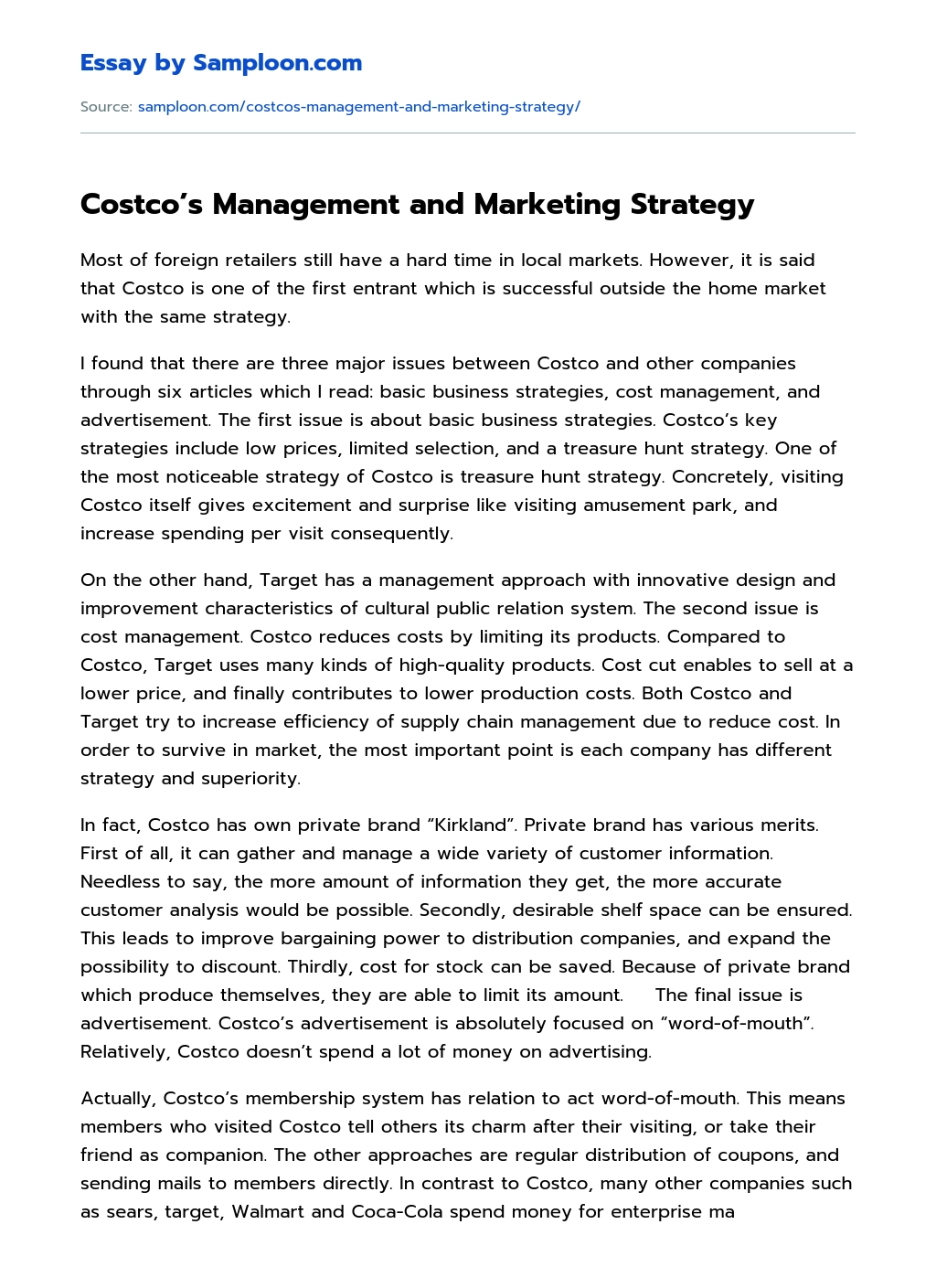 Costco’s Management and Marketing Strategy essay