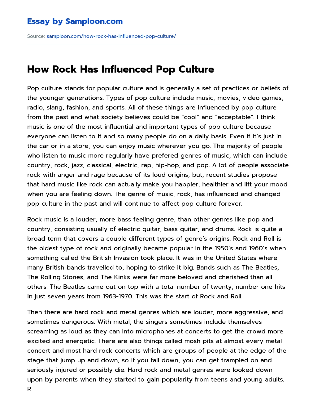 How Rock Has Influenced Pop Culture Character Analysis essay