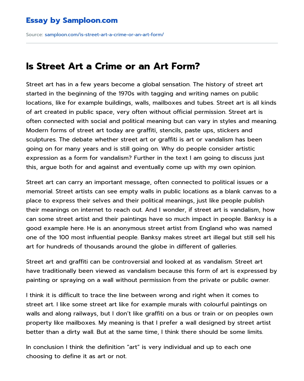 Is Street Art a Crime or an Art Form? Argumentative Essay essay