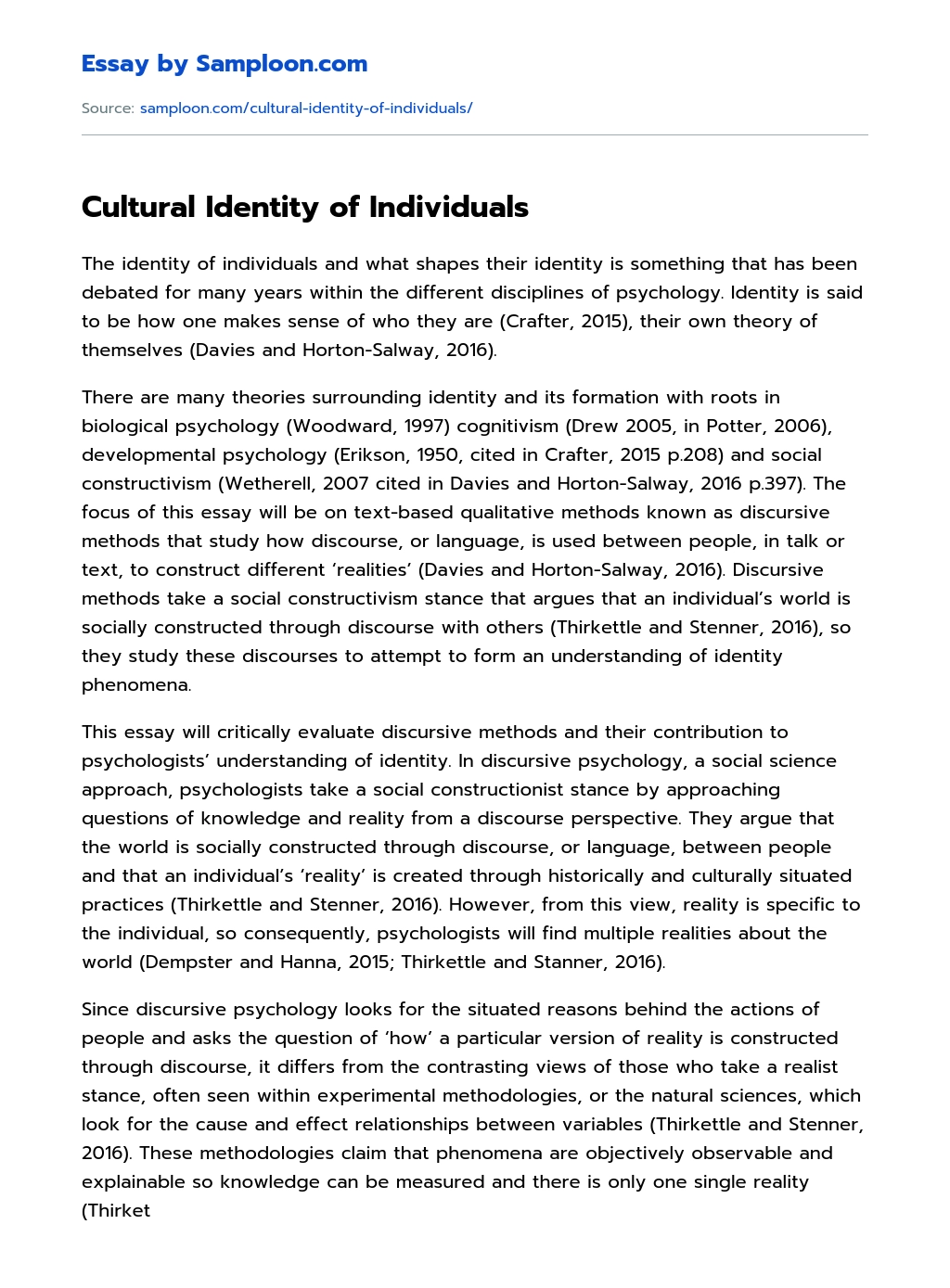 Cultural Identity of Individuals essay