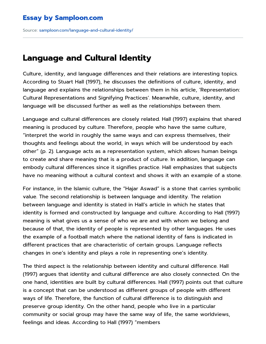 Language and Cultural Identity Analytical Essay essay