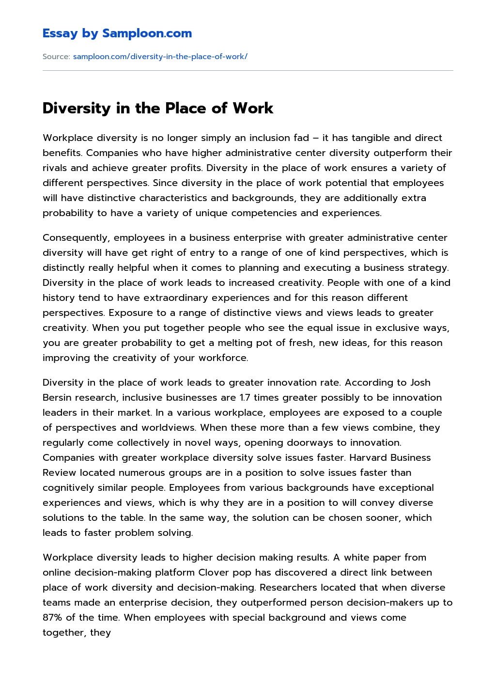 Diversity in the Place of Work essay