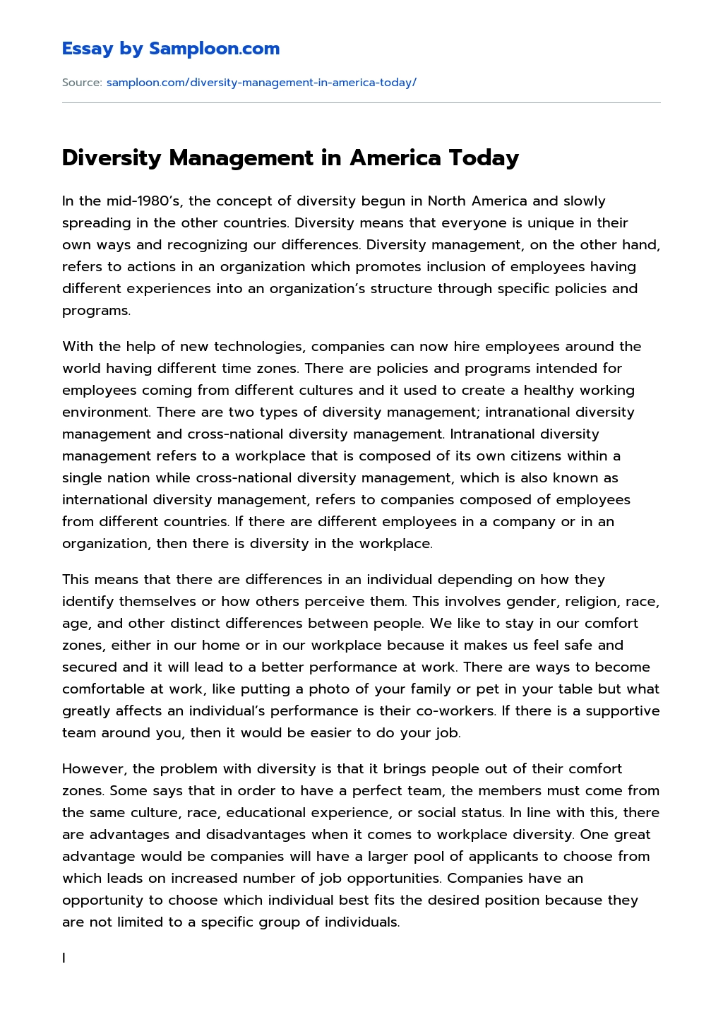 Diversity Management in America Today essay