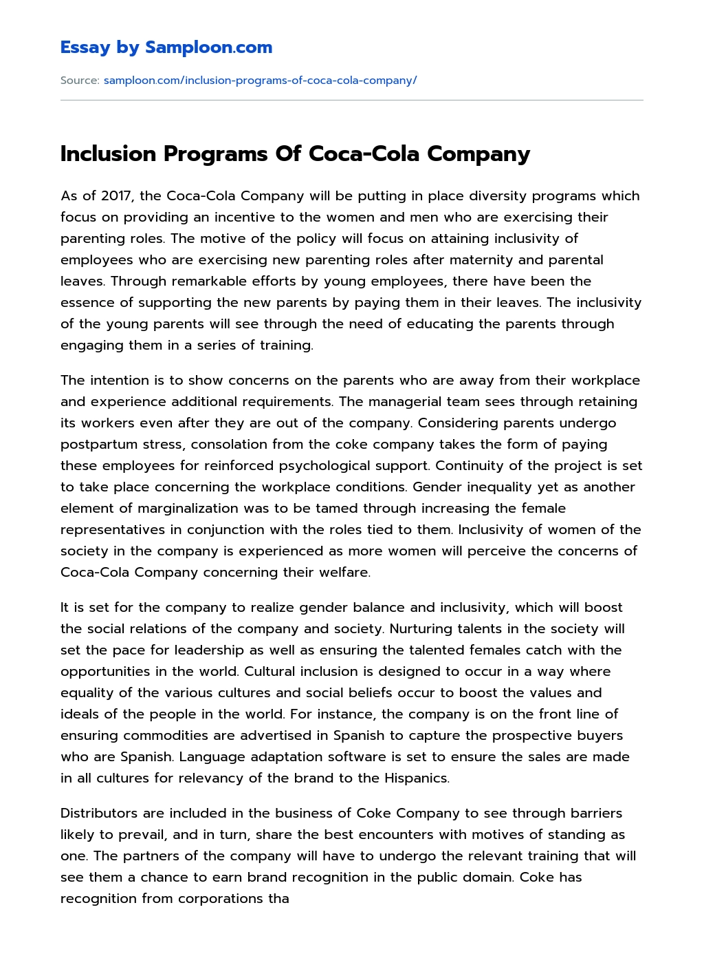 Inclusion Programs Of Coca-Cola Company essay