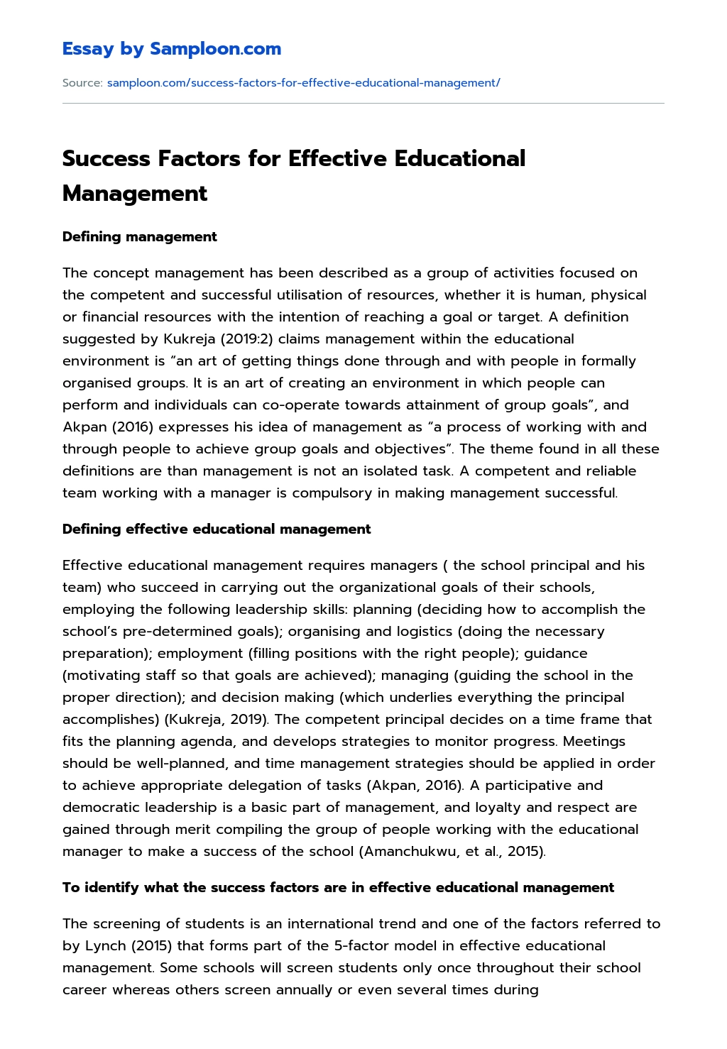 Success Factors for Effective Educational Management Argumentative Essay essay