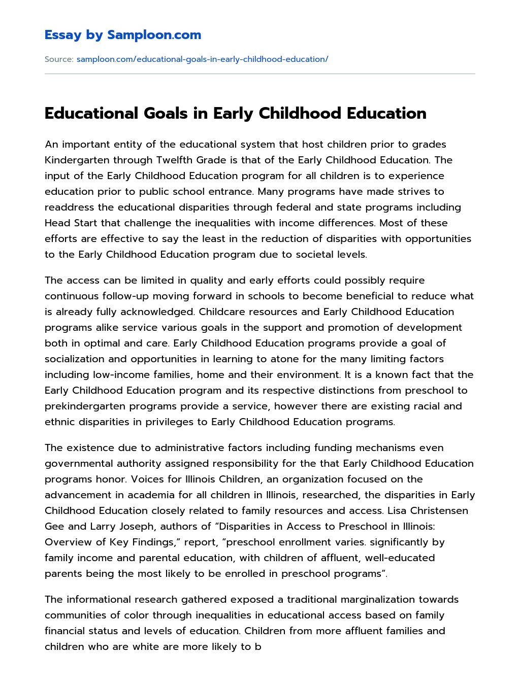 Educational Goals in Early Childhood Education essay