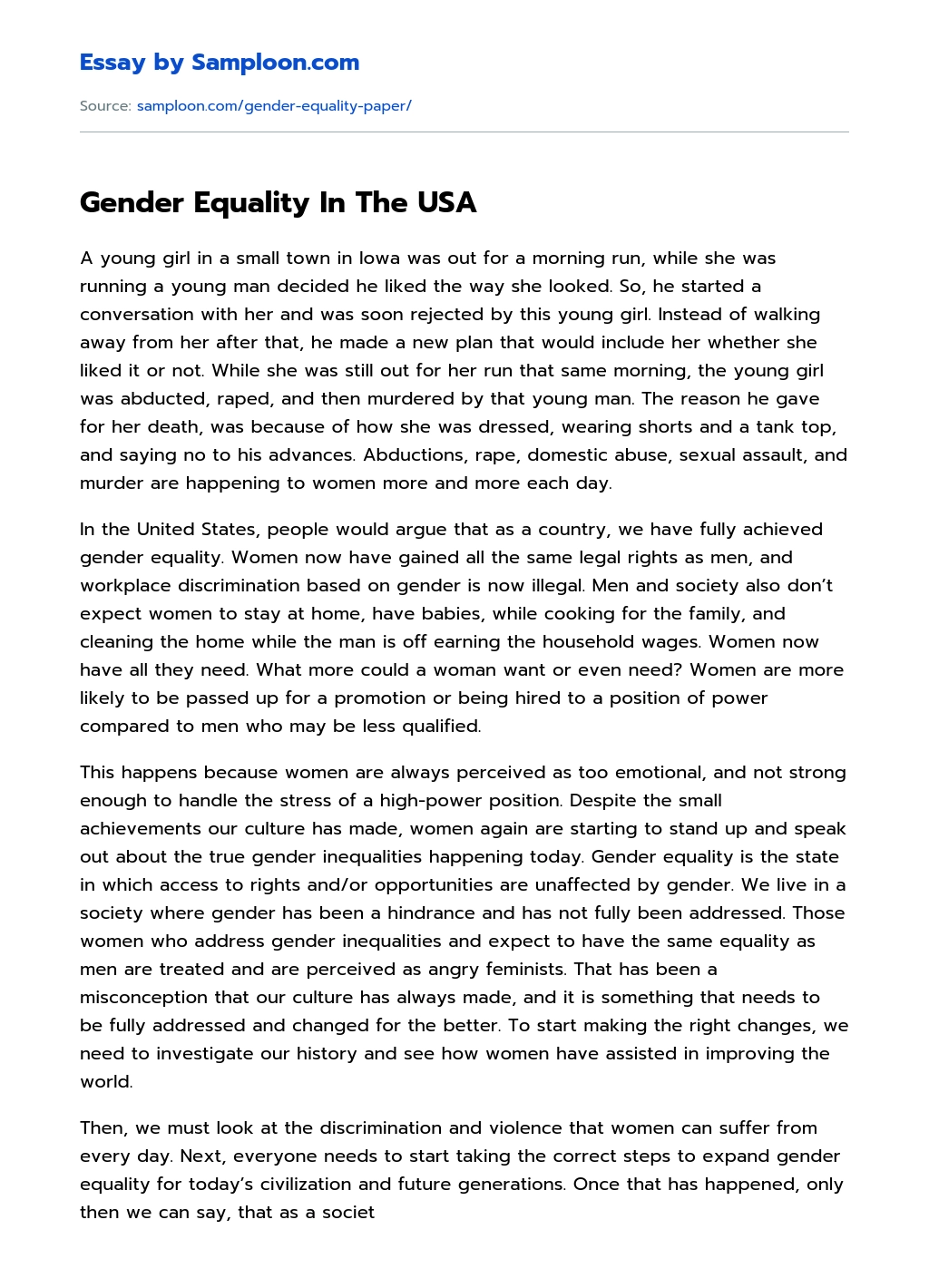 Gender Equality In The USA essay