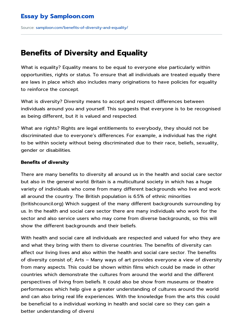 Benefits of Diversity and Equality essay