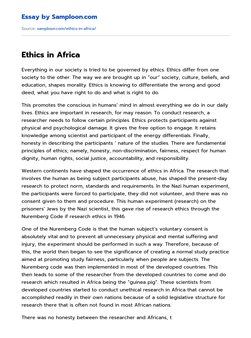 Ethics in Africa essay