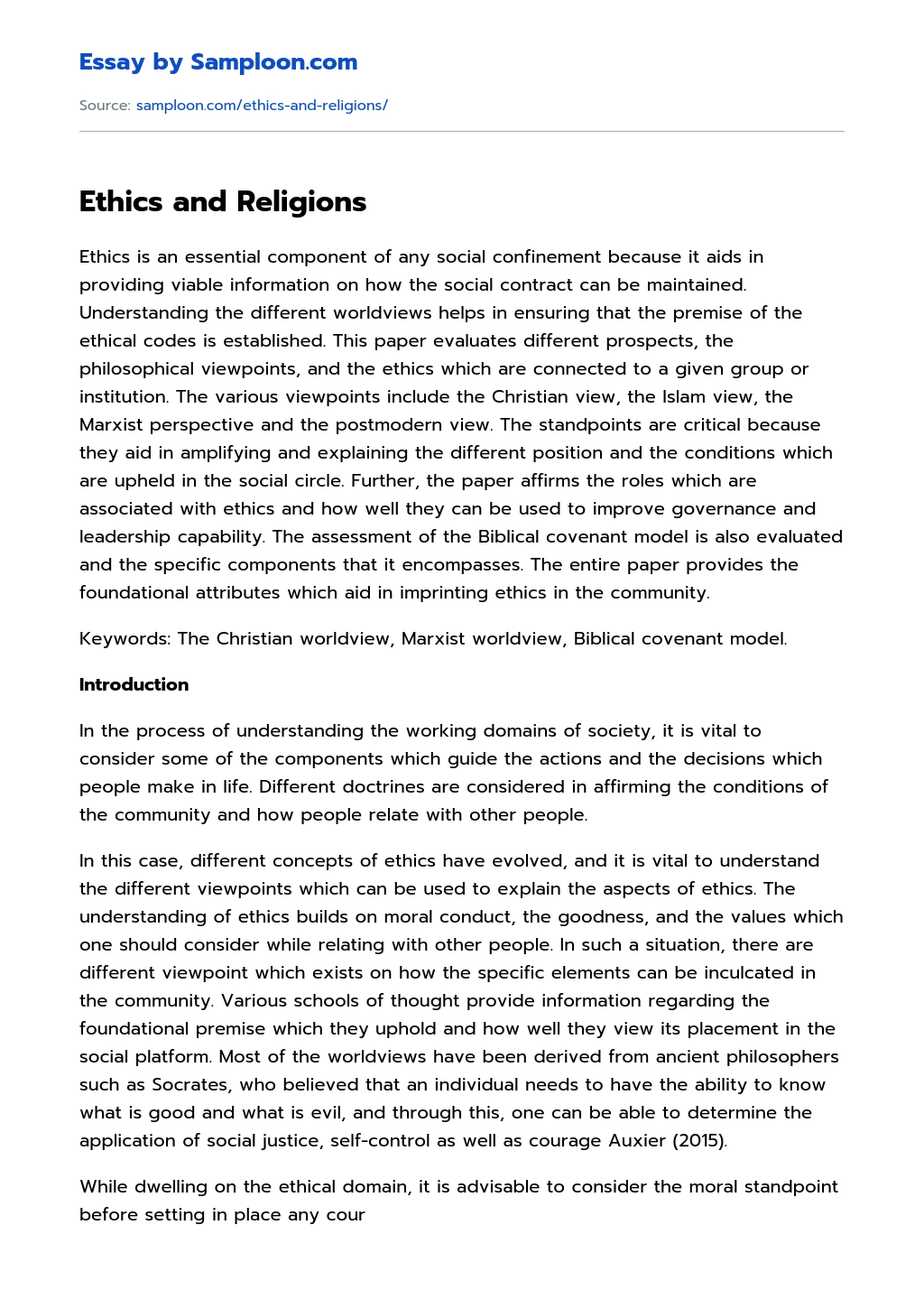 Ethics and Religions essay