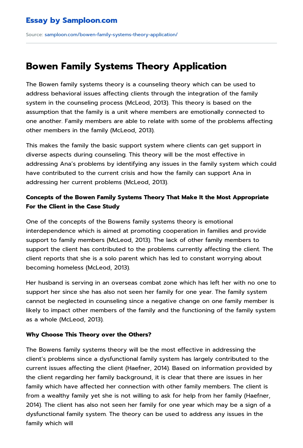 Bowen Family Systems Theory Application essay