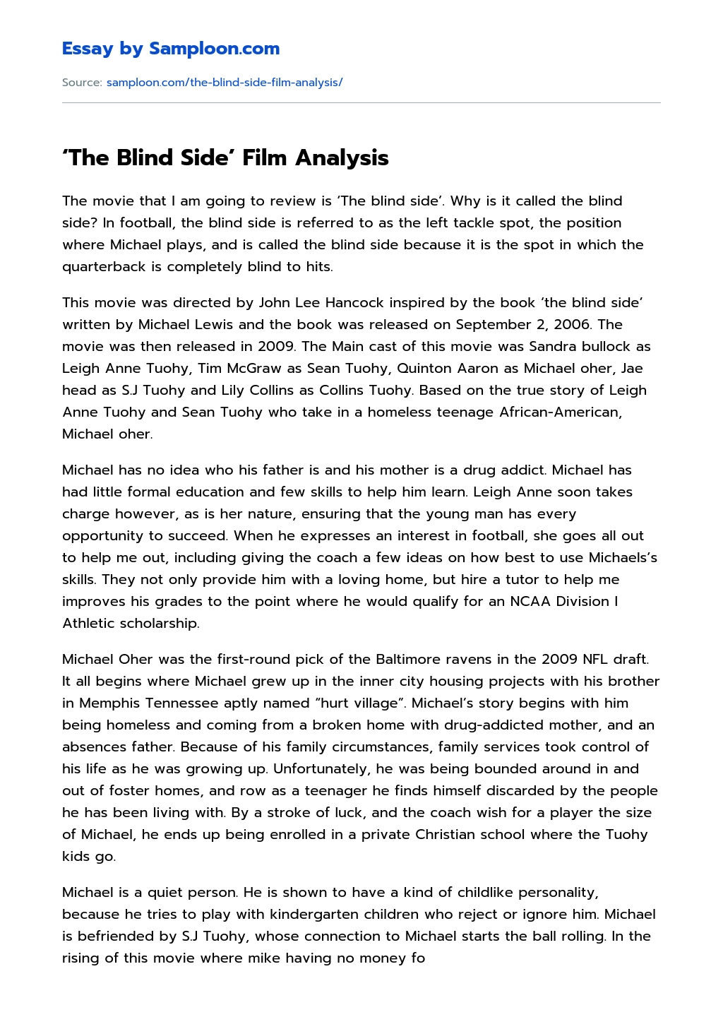 ‘The Blind Side’ Film Analysis essay