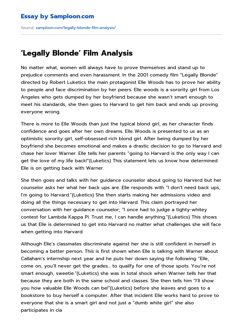 ‘Legally Blonde’ Film Analysis essay