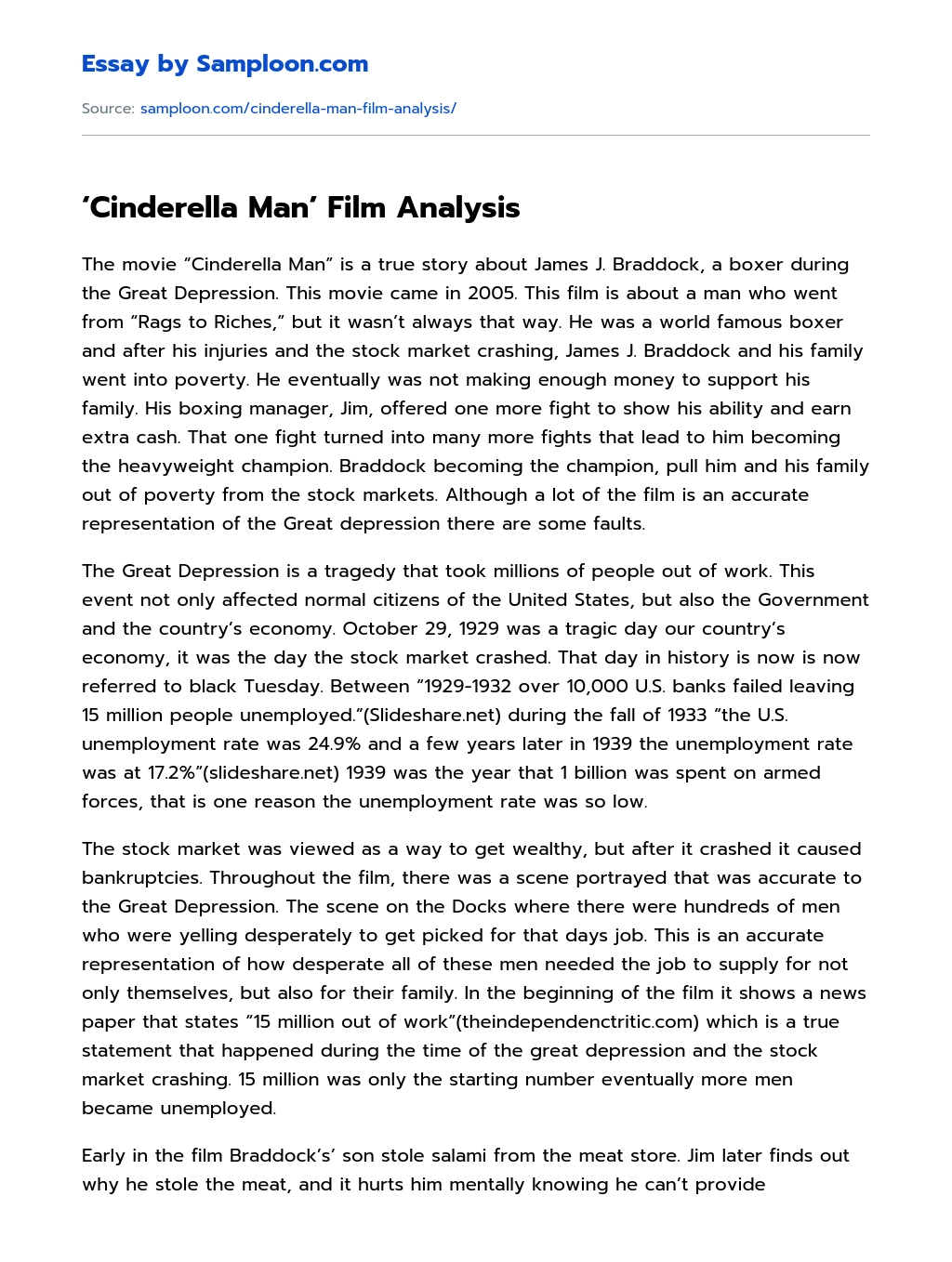 ‘Cinderella Man’ Film Analysis essay